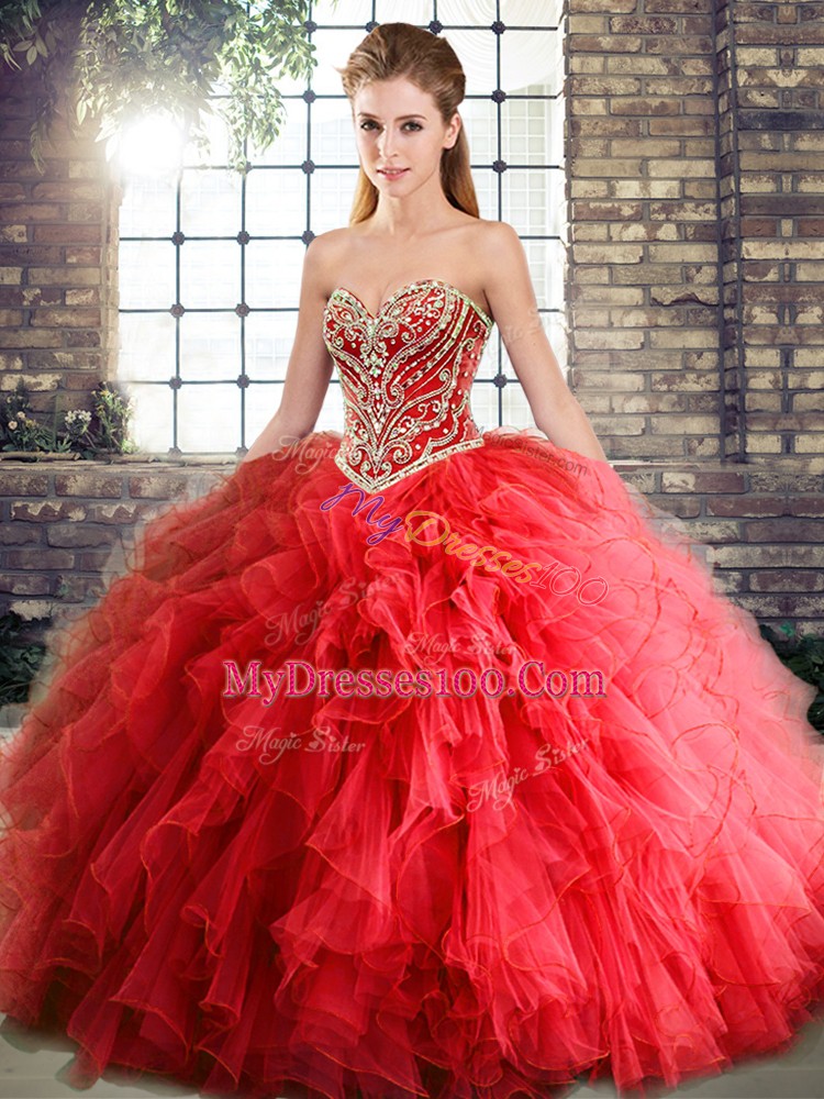 Inexpensive Red Sleeveless Floor Length Beading and Ruffles Lace Up 15th Birthday Dress