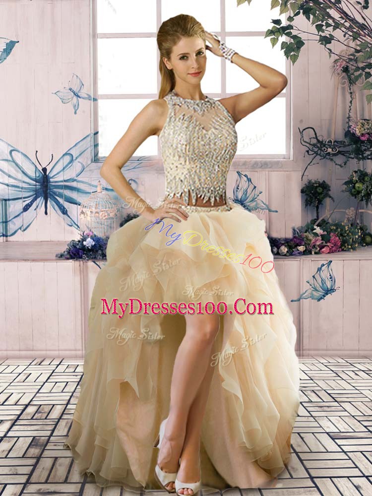 Beading and Ruffles Evening Dress Champagne Clasp Handle Sleeveless High Low