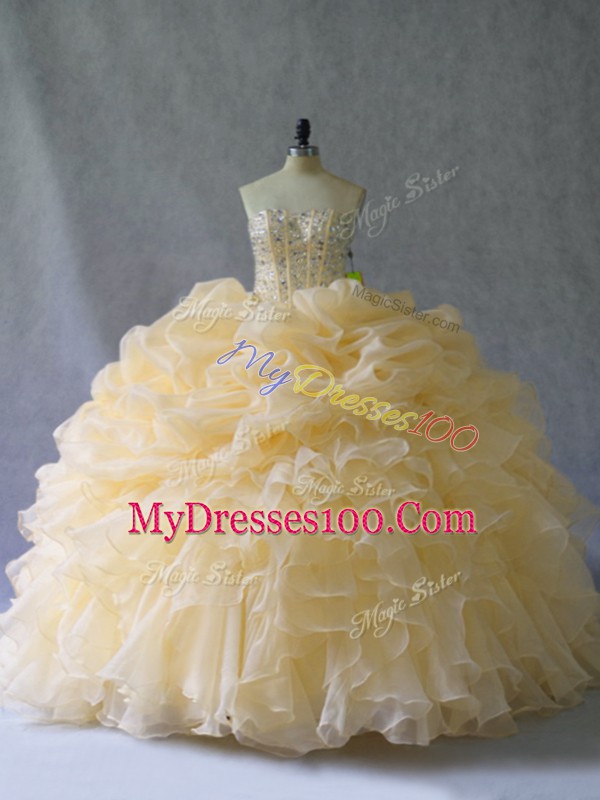 Spectacular Gold Sleeveless Organza Lace Up Sweet 16 Quinceanera Dress for Quinceanera