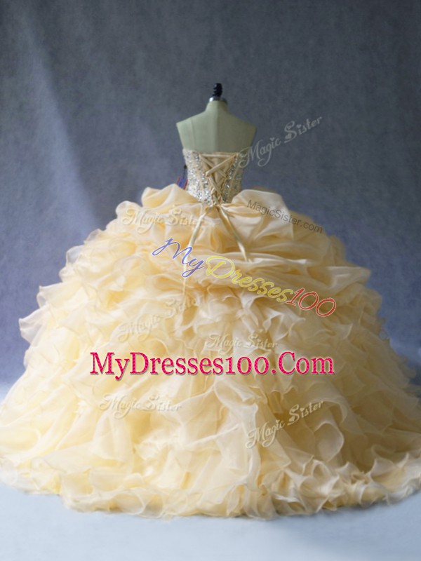 Spectacular Gold Sleeveless Organza Lace Up Sweet 16 Quinceanera Dress for Quinceanera
