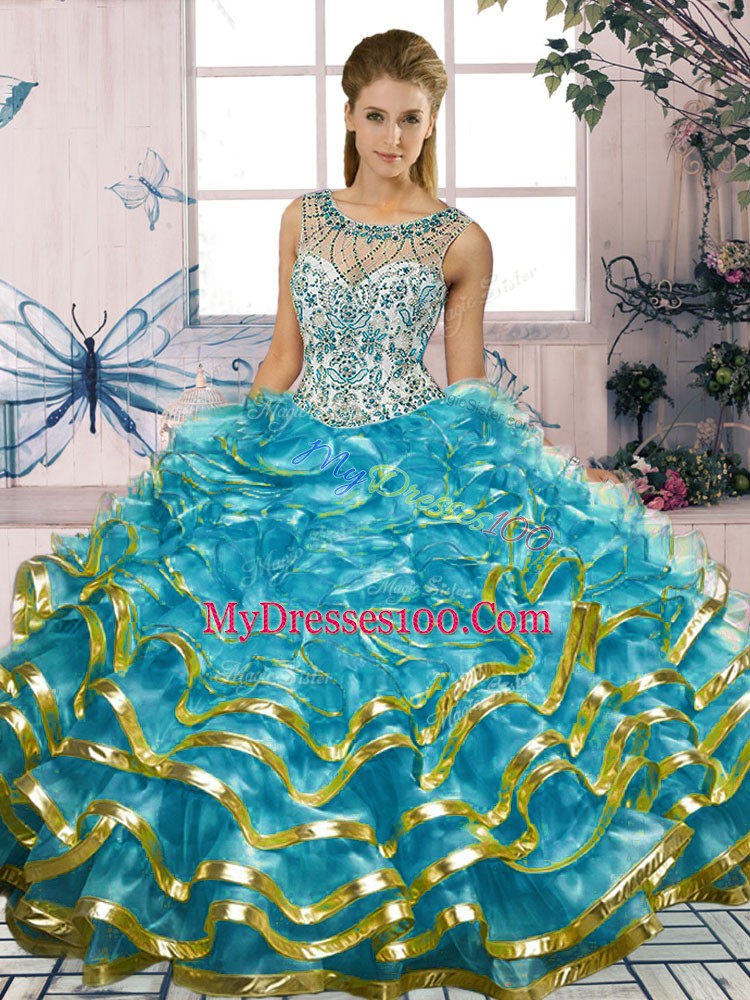 Blue Sleeveless Organza Lace Up Ball Gown Prom Dress for Military Ball and Sweet 16 and Quinceanera