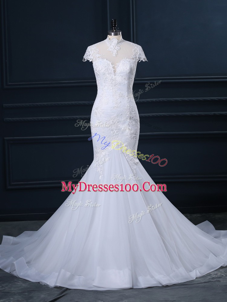 White Cap Sleeves Lace Clasp Handle Wedding Dress