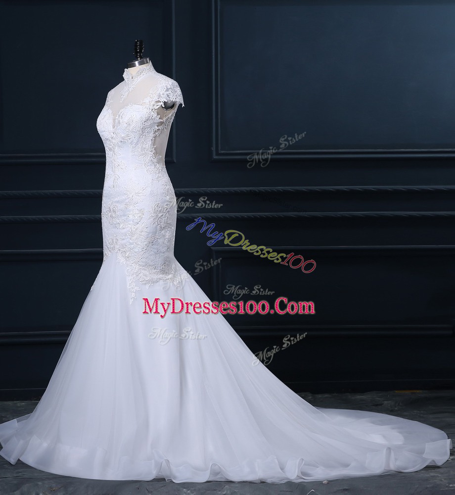 White Cap Sleeves Lace Clasp Handle Wedding Dress
