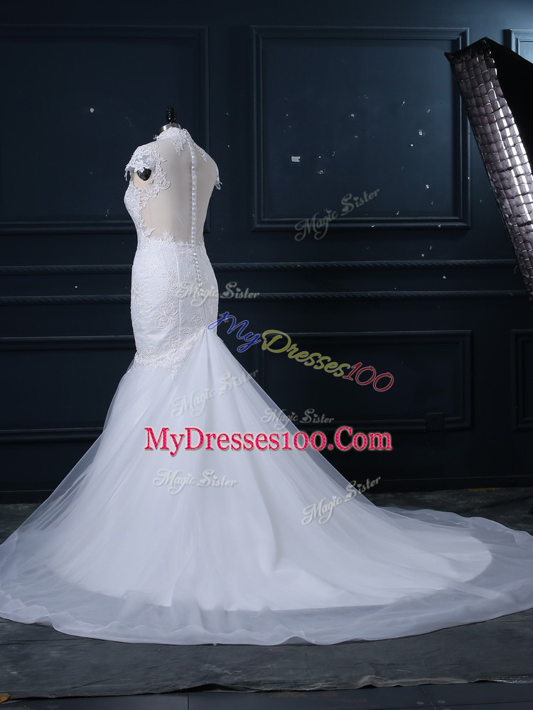 White Cap Sleeves Lace Clasp Handle Wedding Dress