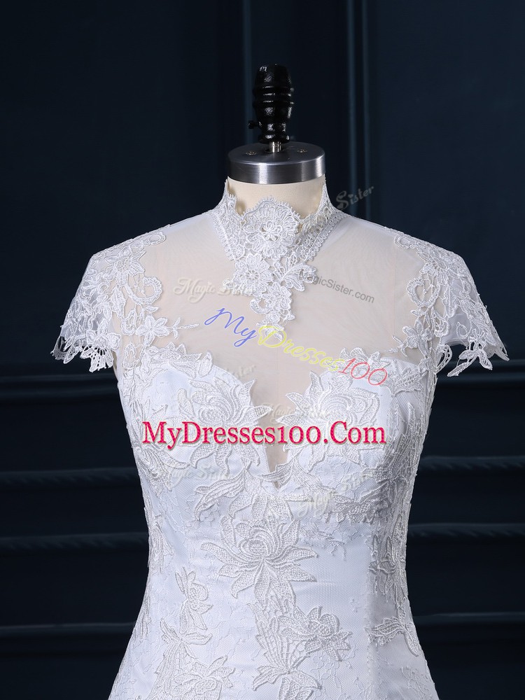 White Cap Sleeves Lace Clasp Handle Wedding Dress