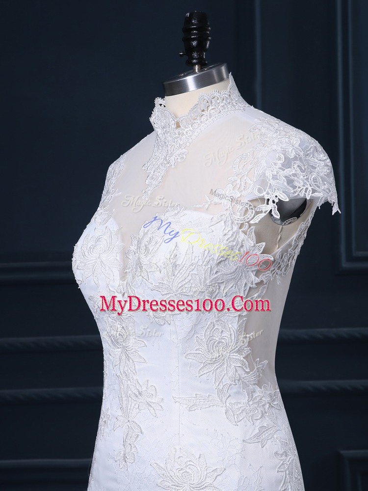 White Cap Sleeves Lace Clasp Handle Wedding Dress