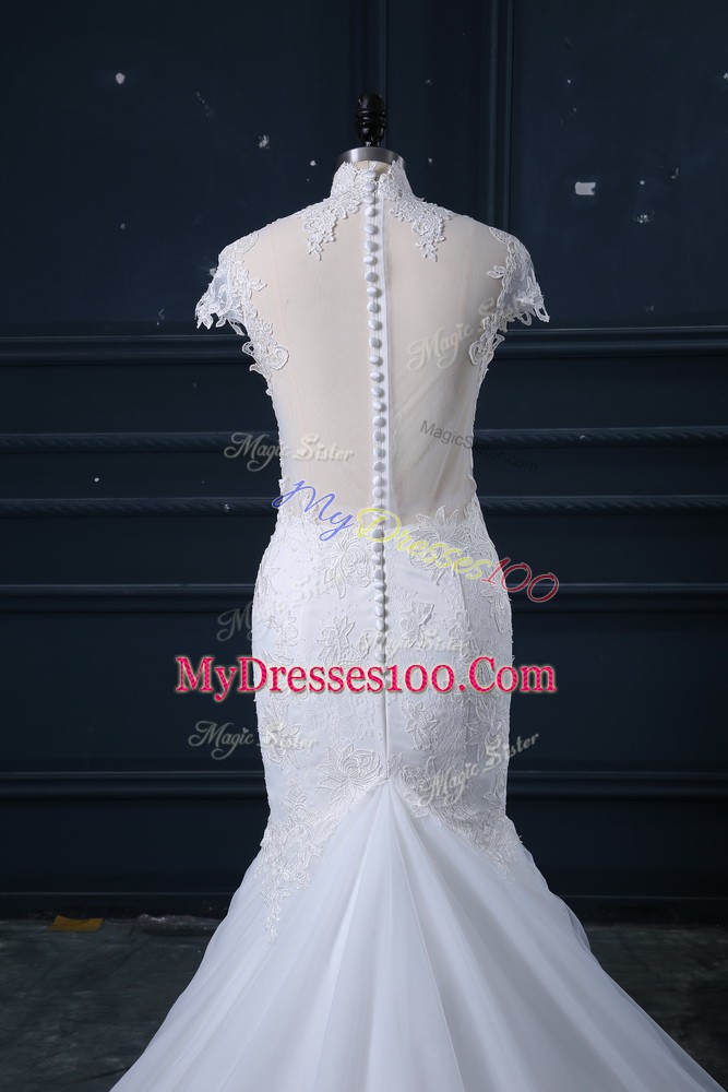 White Cap Sleeves Lace Clasp Handle Wedding Dress
