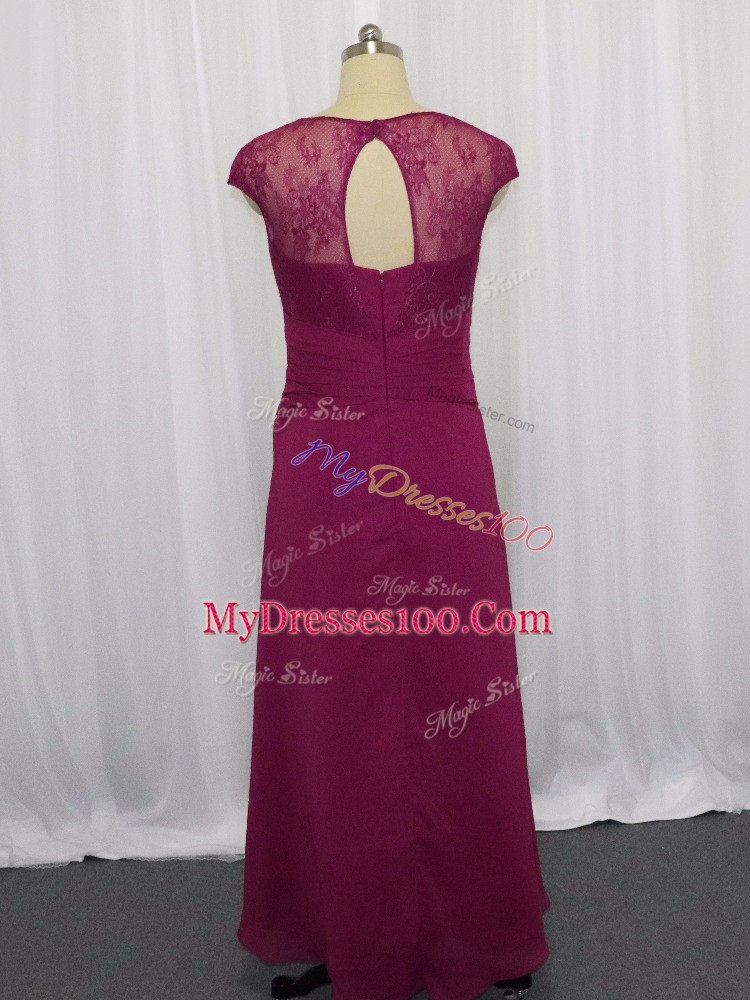 Fuchsia Chiffon Zipper Sweetheart Cap Sleeves Floor Length Prom Dresses Beading and Lace and Appliques