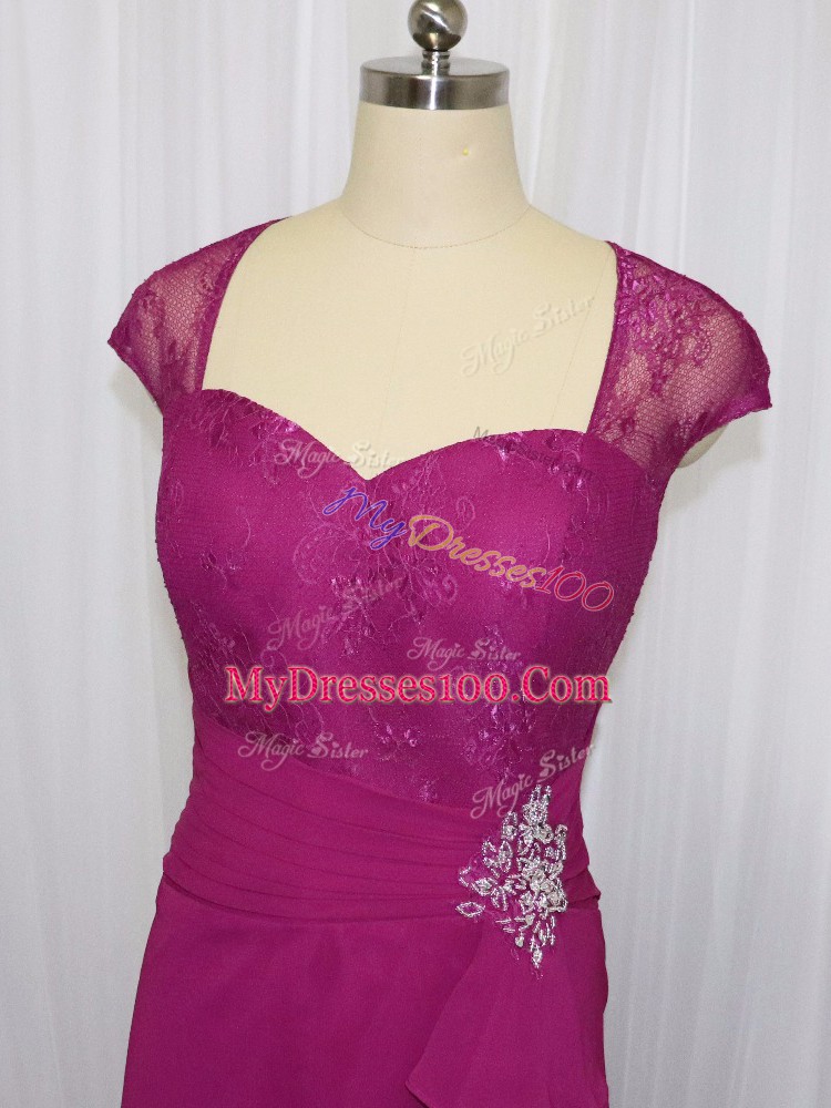 Fuchsia Chiffon Zipper Sweetheart Cap Sleeves Floor Length Prom Dresses Beading and Lace and Appliques
