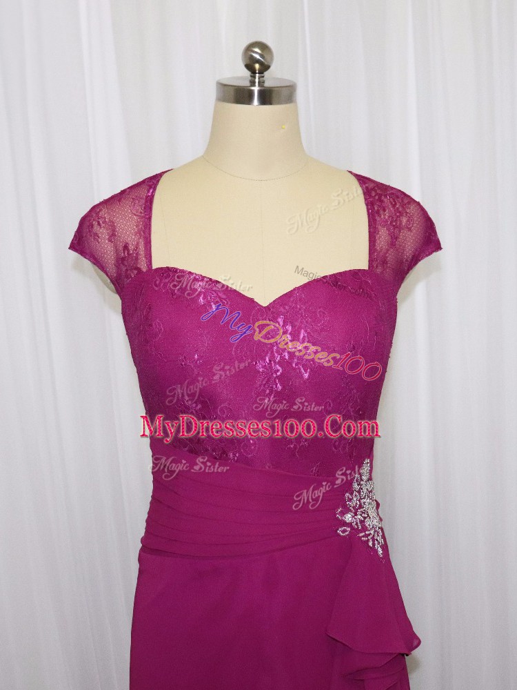 Fuchsia Chiffon Zipper Sweetheart Cap Sleeves Floor Length Prom Dresses Beading and Lace and Appliques