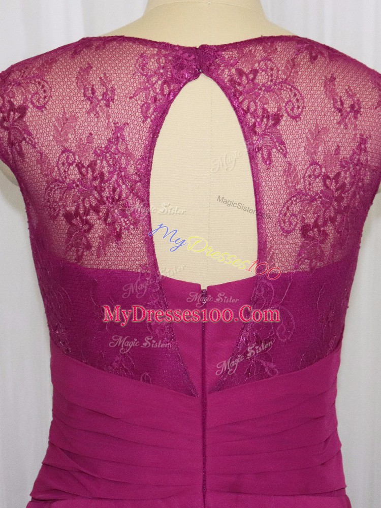 Fuchsia Chiffon Zipper Sweetheart Cap Sleeves Floor Length Prom Dresses Beading and Lace and Appliques