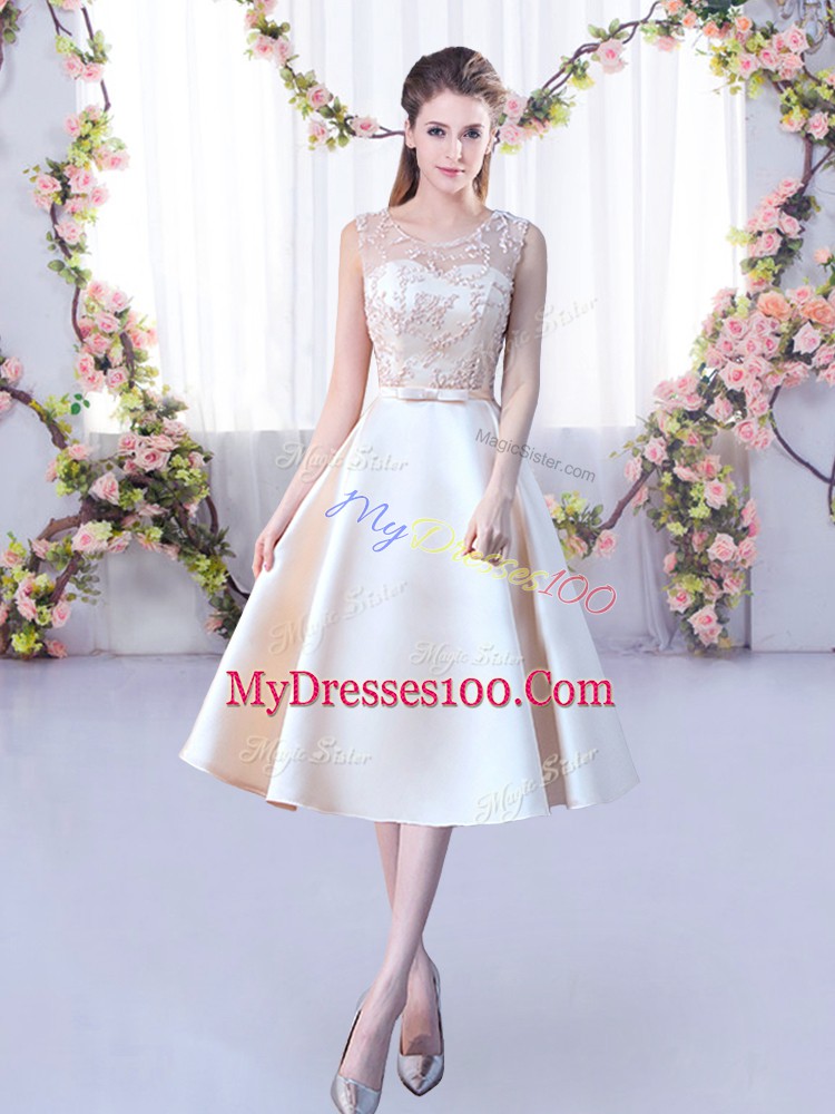 Champagne A-line Satin Scoop Sleeveless Lace and Belt Tea Length Lace Up Bridesmaids Dress