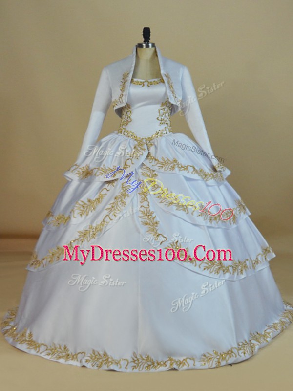 Glorious White Lace Up Straps Embroidery Sweet 16 Dress Satin Sleeveless