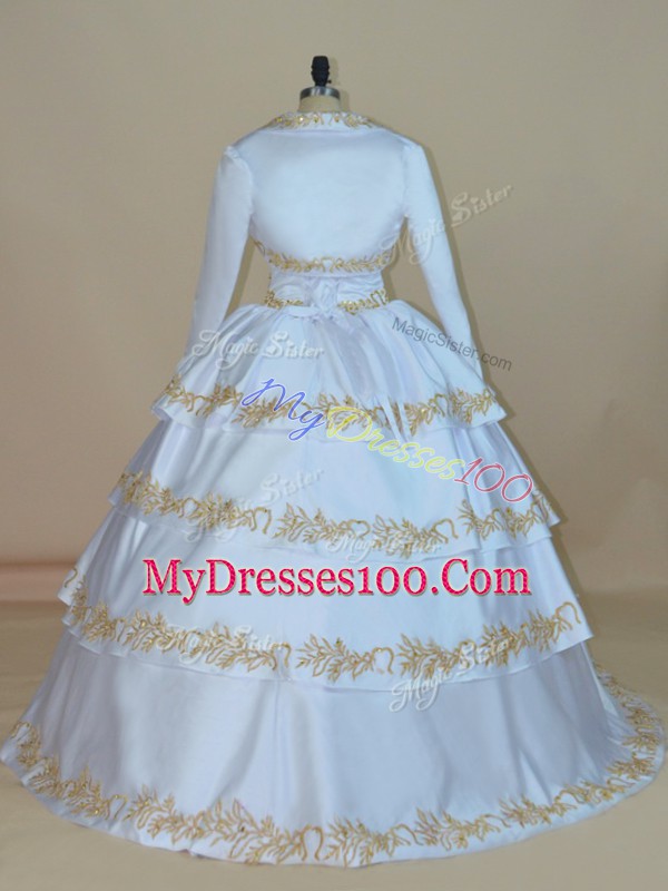 Glorious White Lace Up Straps Embroidery Sweet 16 Dress Satin Sleeveless