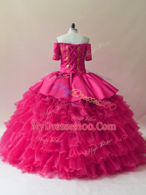 Custom Fit Fuchsia Vestidos de Quinceanera Sweet 16 and Quinceanera with Embroidery and Ruffled Layers Off The Shoulder Sleeveless Lace Up