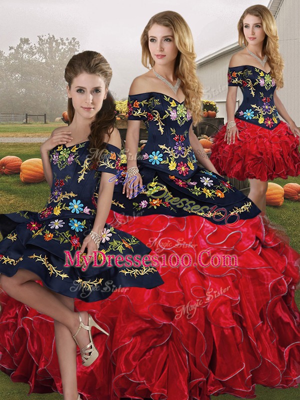 Glamorous Red And Black Off The Shoulder Neckline Embroidery and Ruffles Vestidos de Quinceanera Sleeveless Lace Up