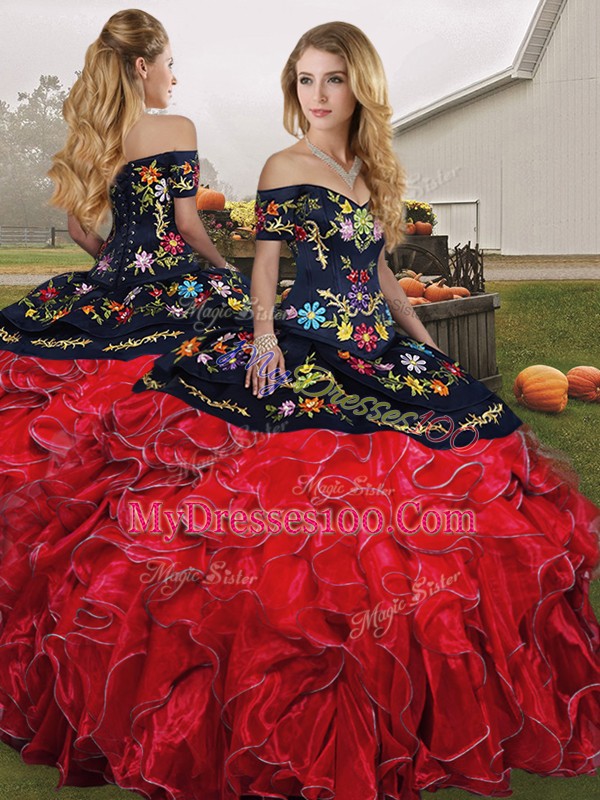 Glamorous Red And Black Off The Shoulder Neckline Embroidery and Ruffles Vestidos de Quinceanera Sleeveless Lace Up