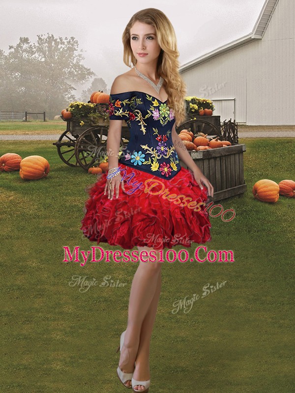 Glamorous Red And Black Off The Shoulder Neckline Embroidery and Ruffles Vestidos de Quinceanera Sleeveless Lace Up