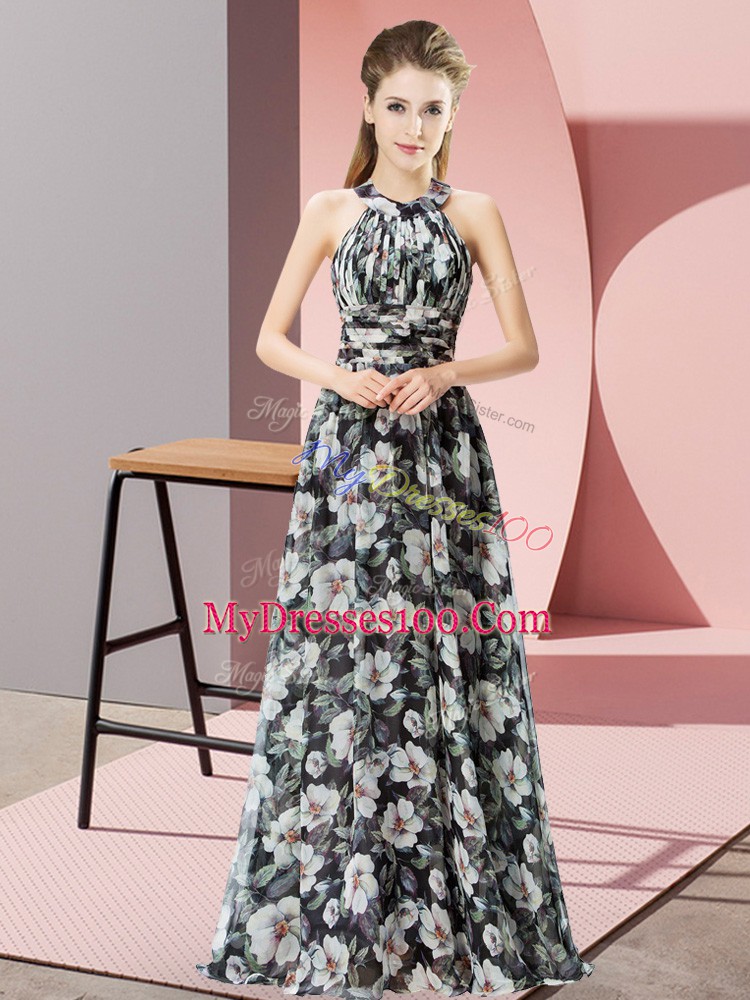 Flare Multi-color Chiffon Zipper Halter Top Sleeveless Floor Length Prom Evening Gown Beading