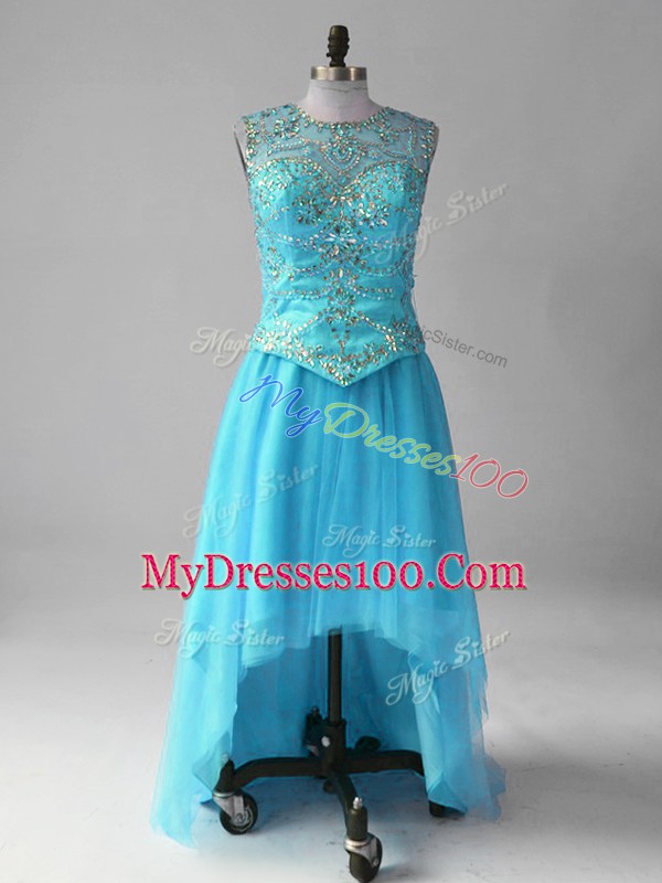 Perfect Aqua Blue Empire Tulle Scoop Sleeveless Beading High Low Lace Up Evening Dress