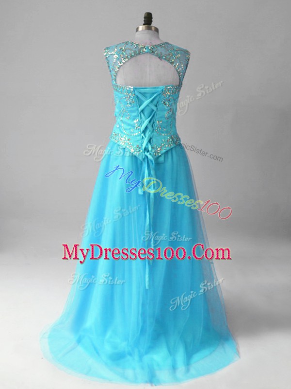 Perfect Aqua Blue Empire Tulle Scoop Sleeveless Beading High Low Lace Up Evening Dress