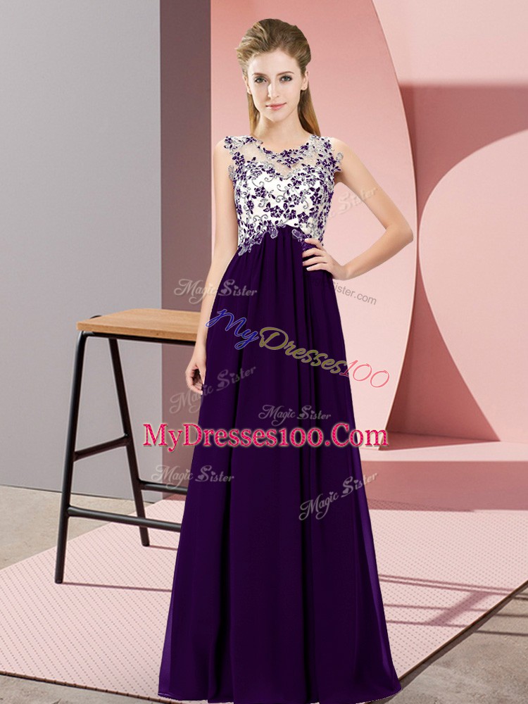 Beautiful Purple Empire Beading and Appliques Quinceanera Dama Dress Zipper Chiffon Sleeveless Floor Length