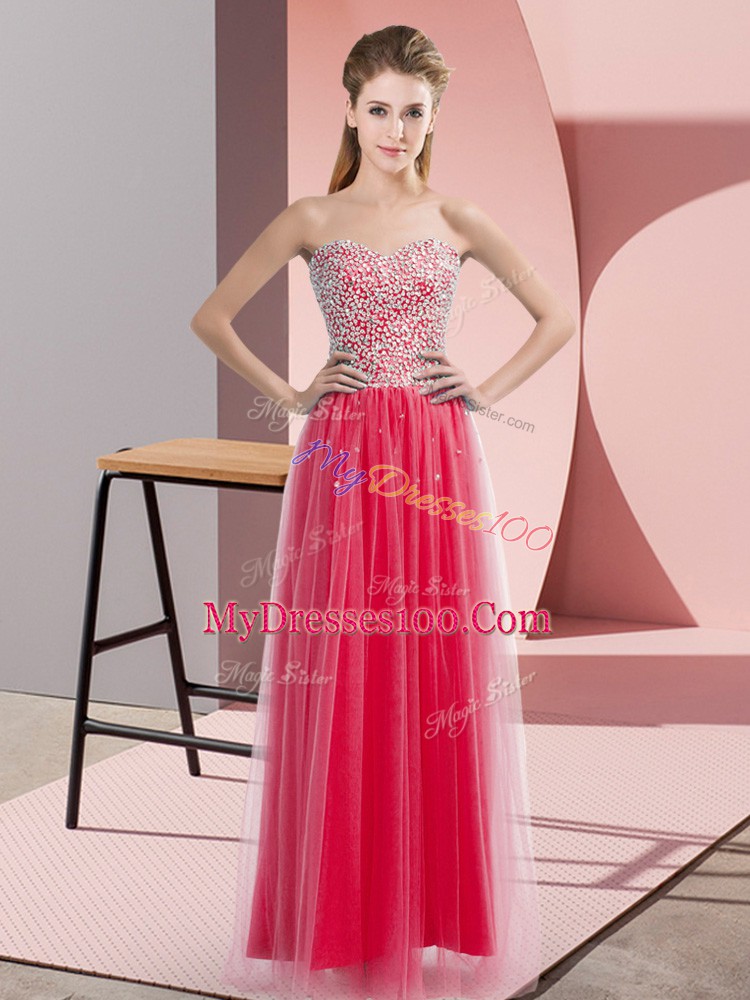 Edgy Coral Red Sleeveless Beading Floor Length Dress for Prom