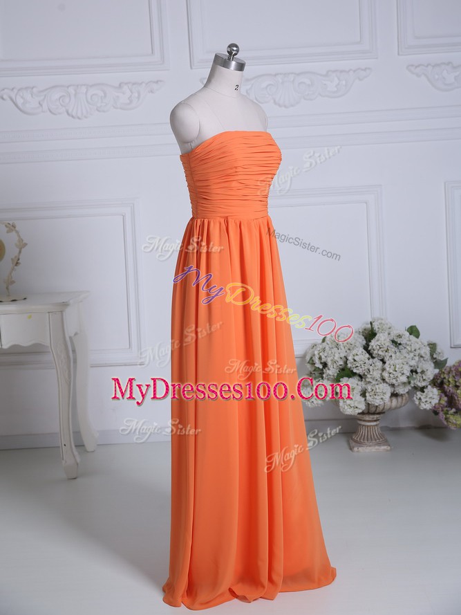 Orange Strapless Neckline Ruching Bridesmaids Dress Sleeveless Zipper