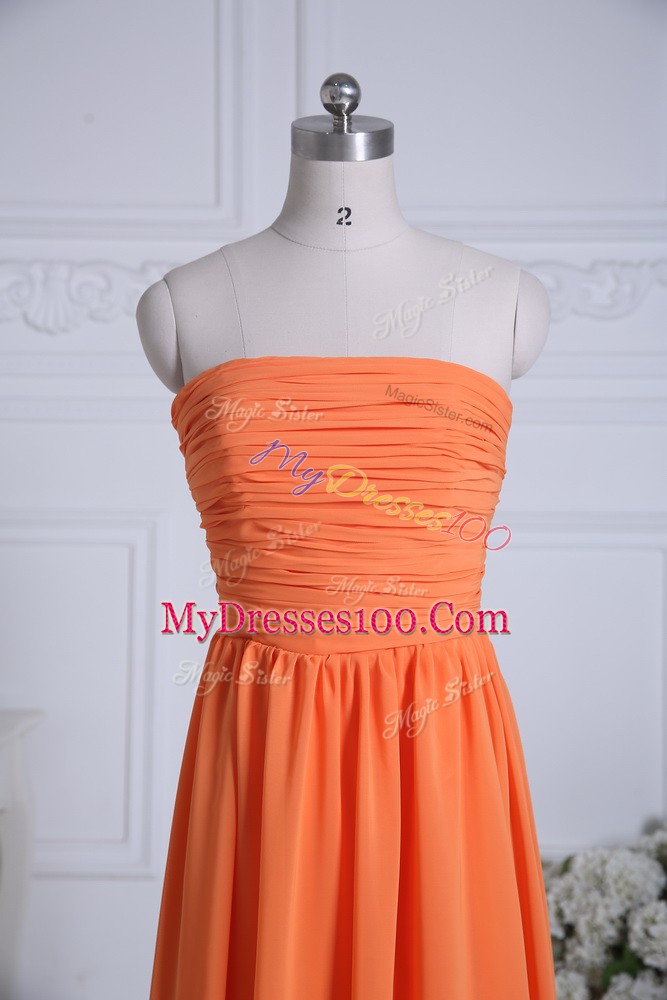Orange Strapless Neckline Ruching Bridesmaids Dress Sleeveless Zipper