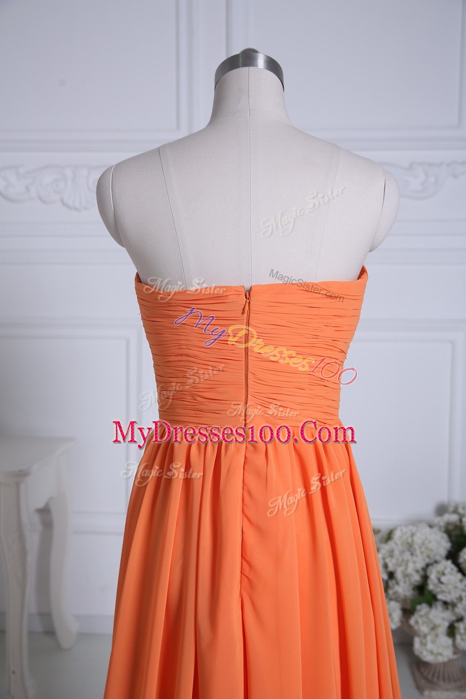 Orange Strapless Neckline Ruching Bridesmaids Dress Sleeveless Zipper