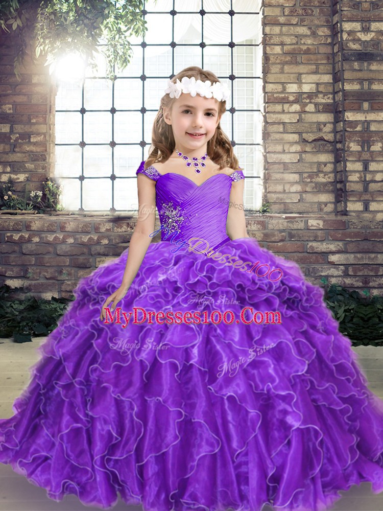 Purple Little Girls Pageant Dress Prom and Party and Military Ball with Beading and Ruffles Straps Sleeveless Lace Up