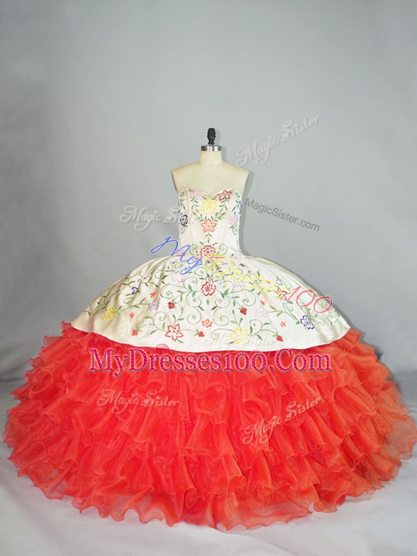 Latest Organza Sweetheart Sleeveless Lace Up Embroidery and Ruffles Quinceanera Gown in Coral Red