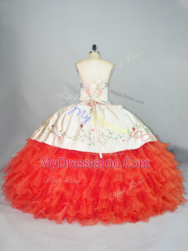 Latest Organza Sweetheart Sleeveless Lace Up Embroidery and Ruffles Quinceanera Gown in Coral Red