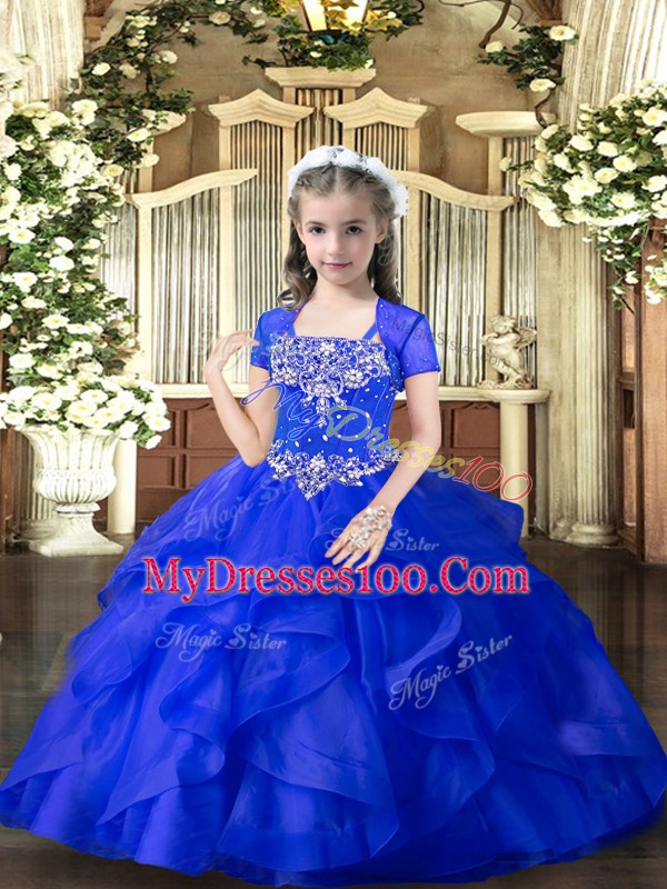 Floor Length Royal Blue Little Girls Pageant Dress Tulle Sleeveless Beading and Ruffles