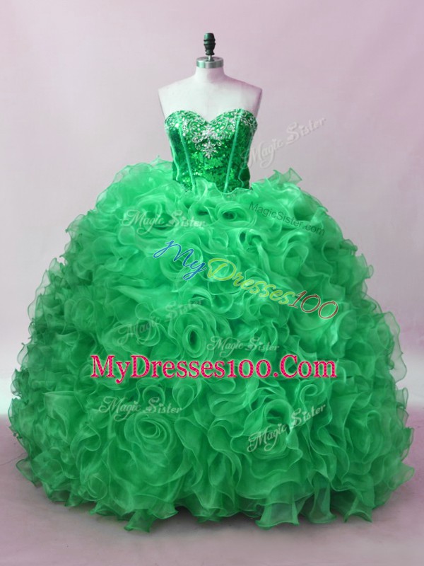 Green Ball Gowns Sequins Quince Ball Gowns Lace Up Fabric With Rolling Flowers Sleeveless Floor Length