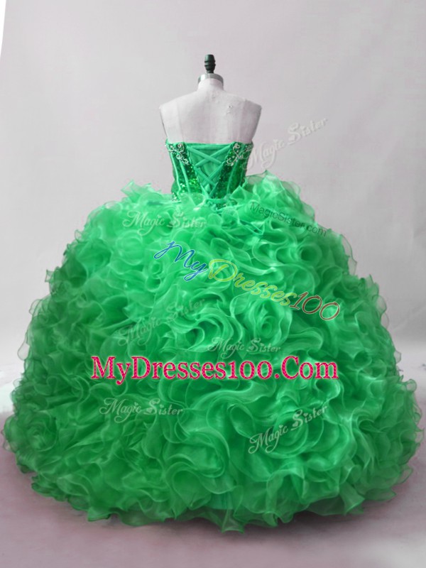 Green Ball Gowns Sequins Quince Ball Gowns Lace Up Fabric With Rolling Flowers Sleeveless Floor Length