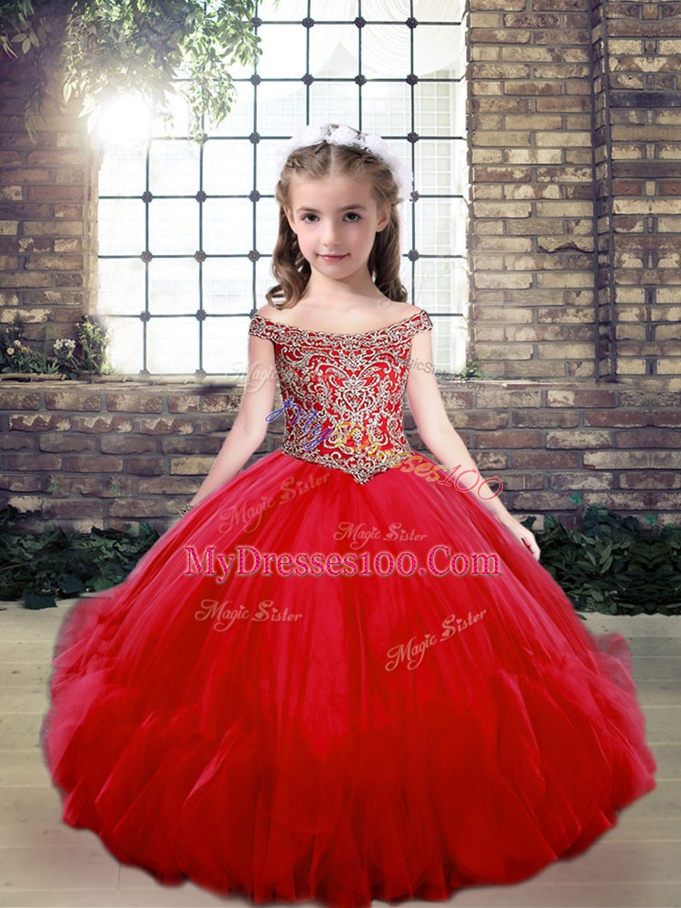 Latest Red Pageant Gowns For Girls Party and Military Ball and Wedding Party with Beading Off The Shoulder Sleeveless Lace Up