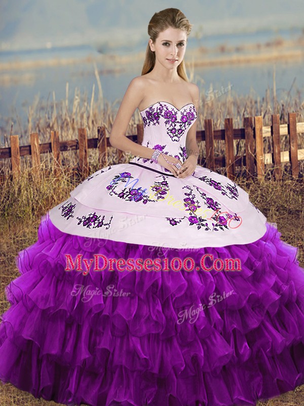White And Purple Ball Gowns Embroidery and Ruffled Layers and Bowknot Quinceanera Gowns Lace Up Organza Sleeveless Floor Length