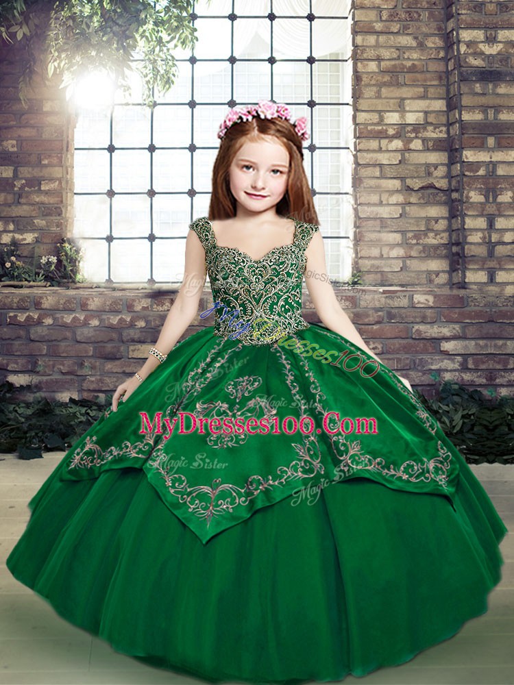 Dark Green Straps Neckline Beading and Embroidery Pageant Dress Womens Sleeveless Lace Up