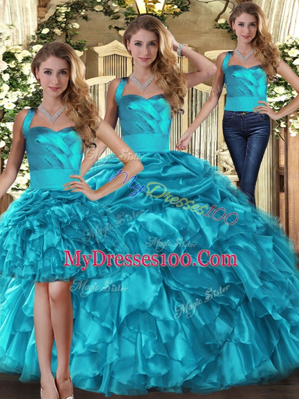 Teal Lace Up Halter Top Ruffles and Pick Ups Vestidos de Quinceanera Organza Sleeveless