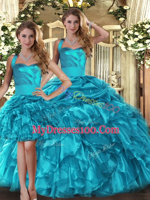 Teal Lace Up Halter Top Ruffles and Pick Ups Vestidos de Quinceanera Organza Sleeveless