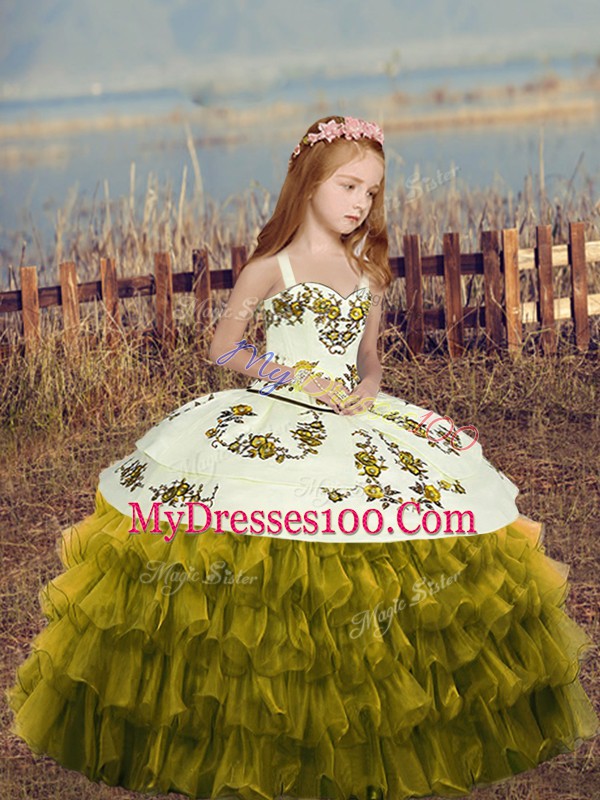Lovely Olive Green Sleeveless Organza Lace Up Kids Formal Wear for Party and Wedding Party