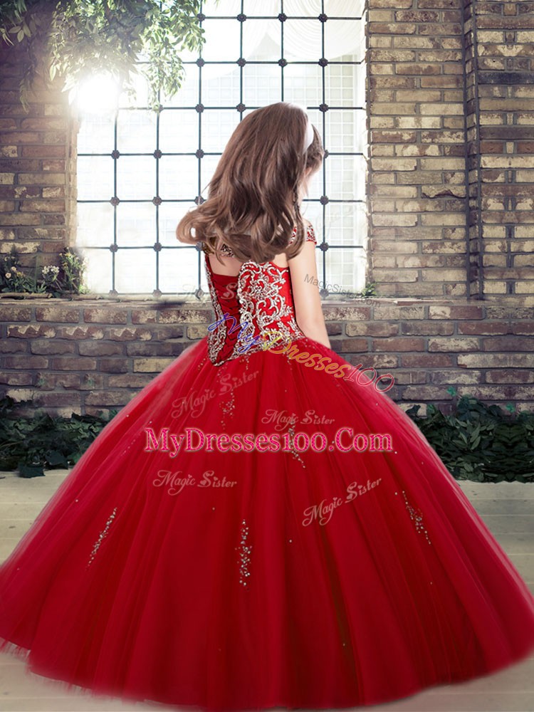 Floor Length Sleeveless Royal Blue Pageant Gowns For Girls Lace Up