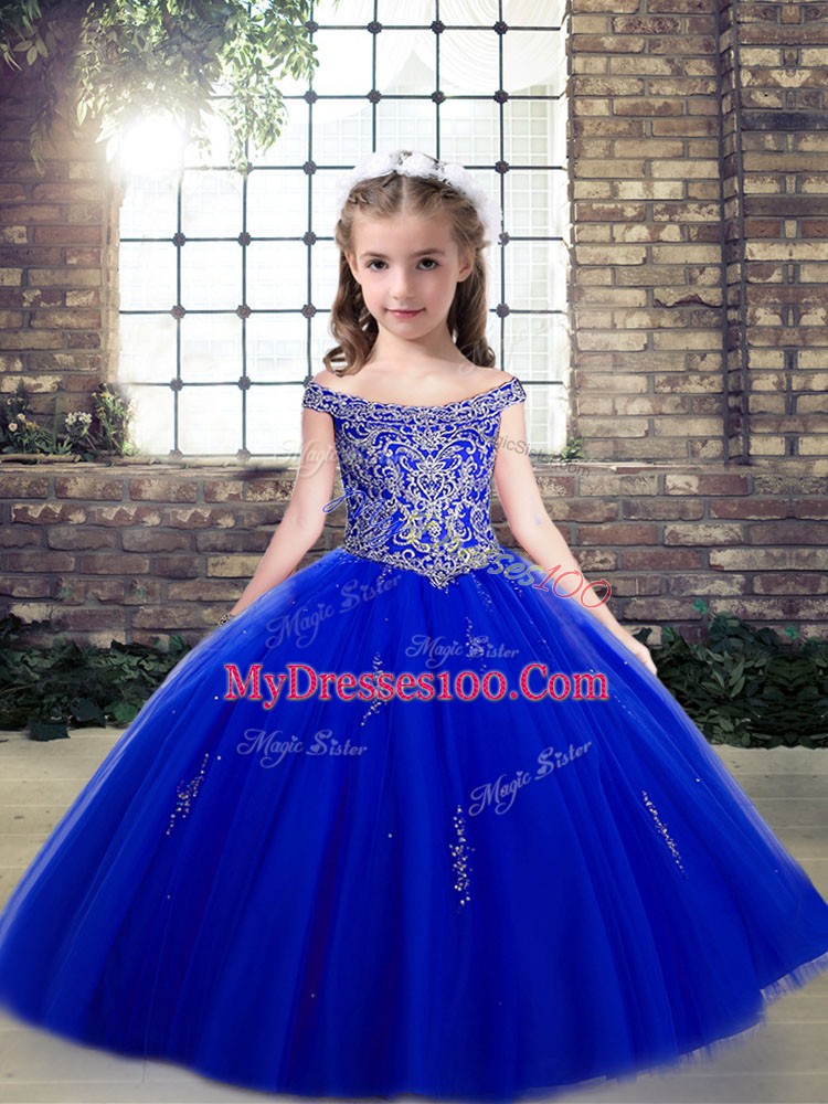 Floor Length Sleeveless Royal Blue Pageant Gowns For Girls Lace Up