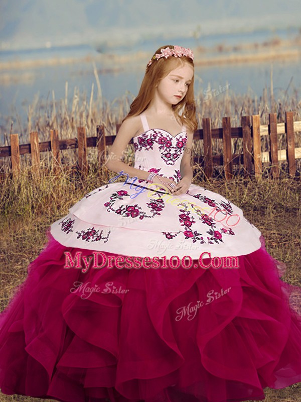 Classical Fuchsia Lace Up Little Girls Pageant Dress Sleeveless Floor Length Embroidery and Ruffles