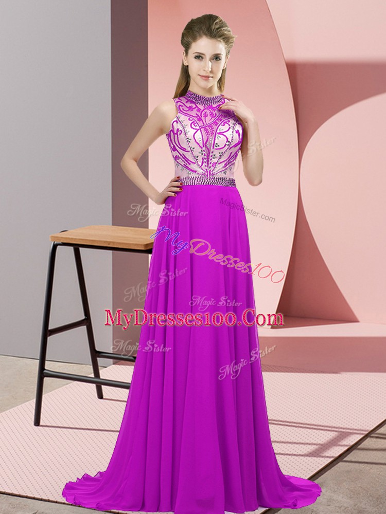 Fuchsia Dress for Prom Chiffon Brush Train Sleeveless Beading
