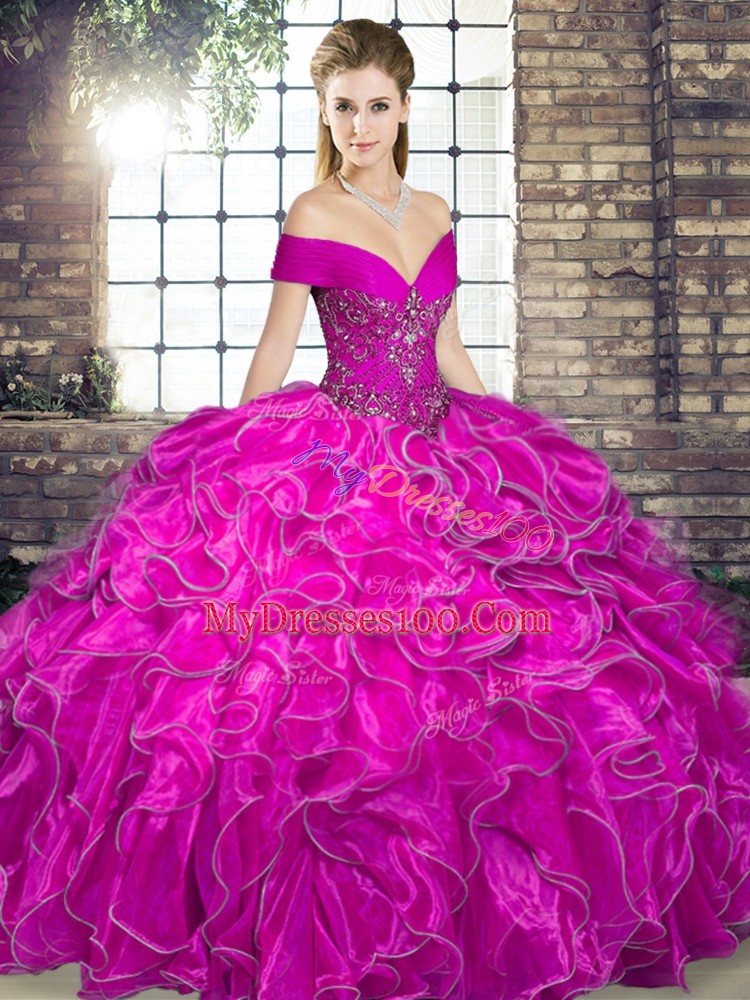 Lovely Beading and Ruffles Quinceanera Gowns Fuchsia Lace Up Sleeveless Floor Length
