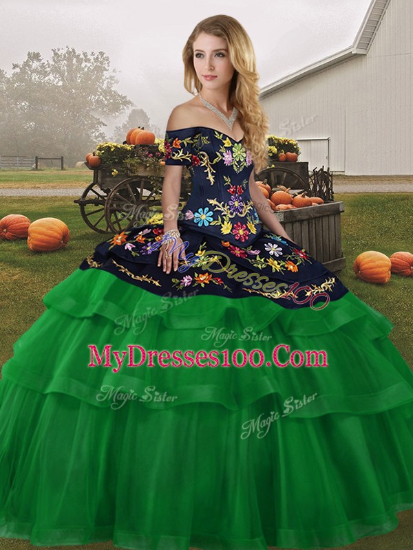 Green Quinceanera Gown Off The Shoulder Sleeveless Brush Train Lace Up