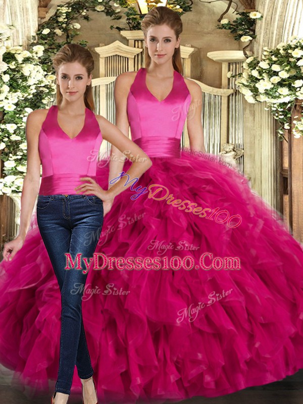 Fuchsia Sleeveless Ruffles Floor Length Ball Gown Prom Dress