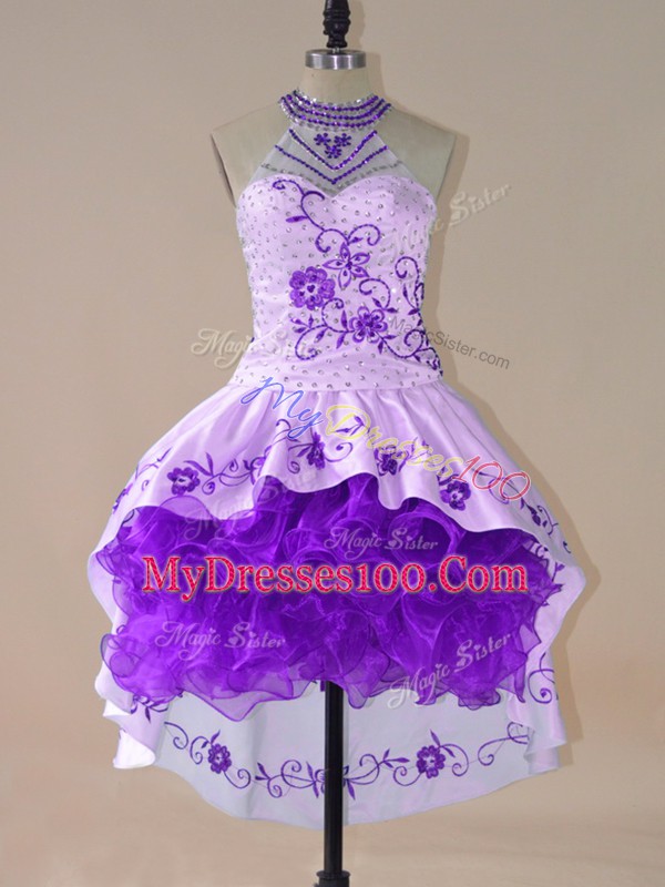 Beautiful High Low Lace Up Dress for Prom Purple for Prom and Party and Military Ball with Embroidery and Ruffles